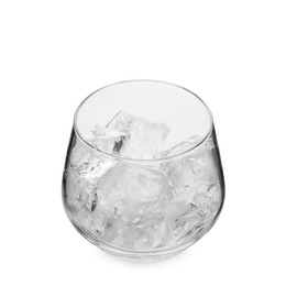 Photo of One glass with ice for refreshing drink isolated on white