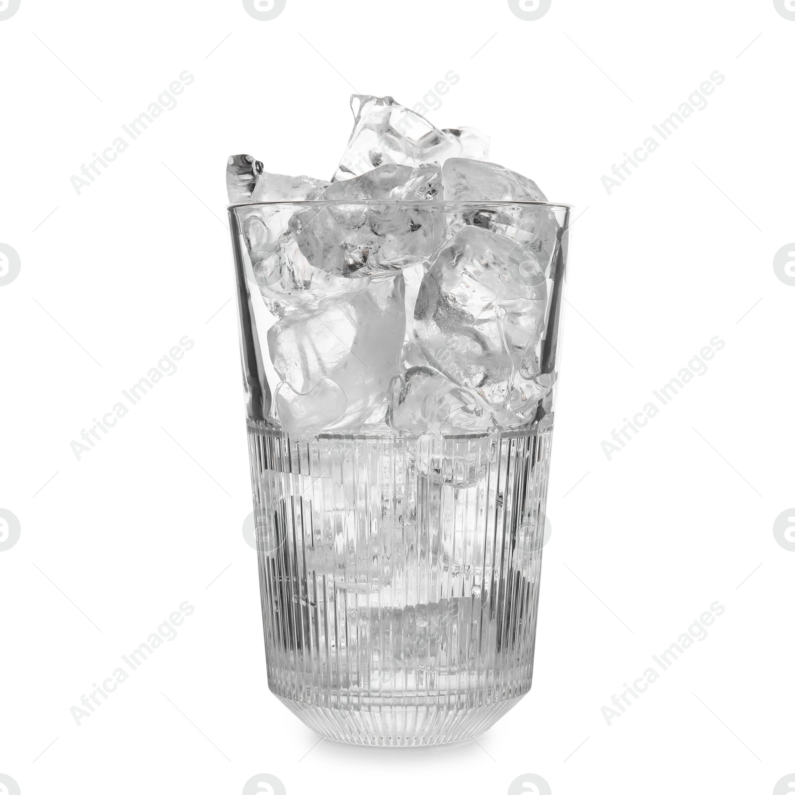 Photo of One glass with ice for refreshing drink isolated on white