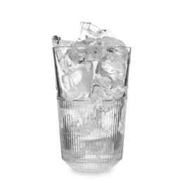 Photo of One glass with ice for refreshing drink isolated on white