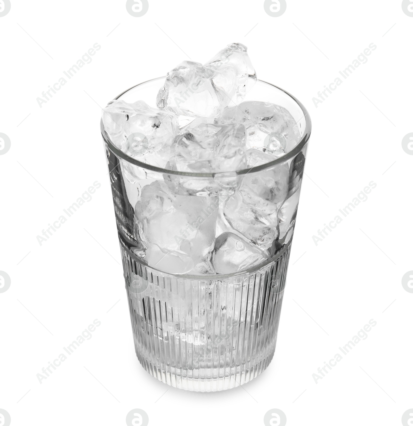 Photo of One glass with ice for refreshing drink isolated on white