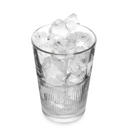 Photo of One glass with ice for refreshing drink isolated on white