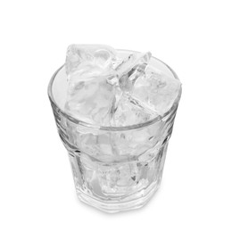 Photo of One glass with ice for refreshing drink isolated on white