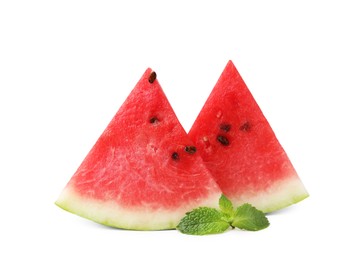 Fresh watermelon slices with mint leaves isolated on white