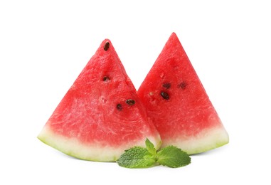 Photo of Fresh watermelon slices with mint leaves isolated on white