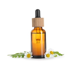 Photo of Bottle of tincture and daisy flowers isolated on white