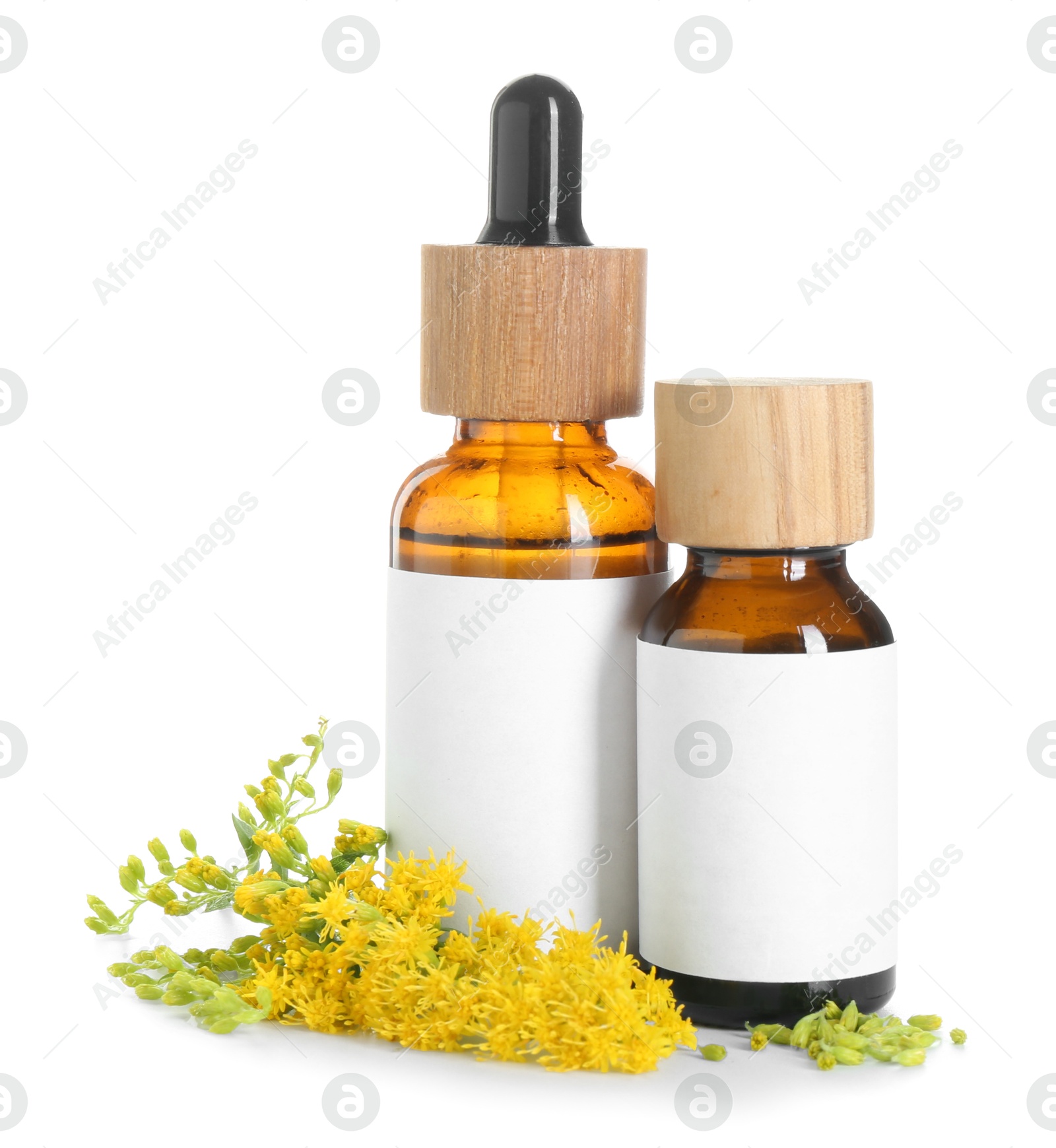 Photo of Bottles of tincture and goldenrods flowers isolated on white