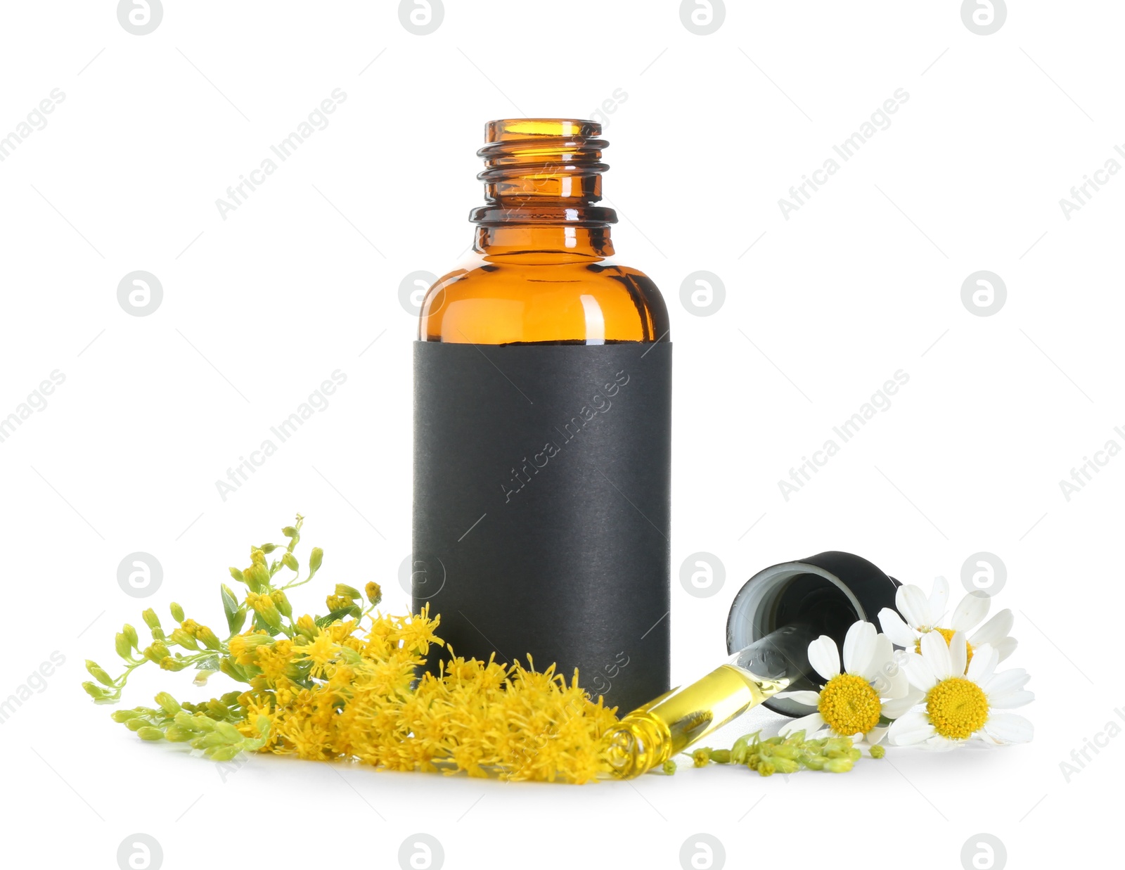 Photo of Bottle of tincture and flowers isolated on white