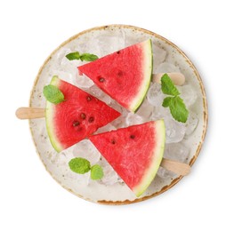 Photo of Pieces of tasty watermelon, ice cubes and mint isolated on white, top view