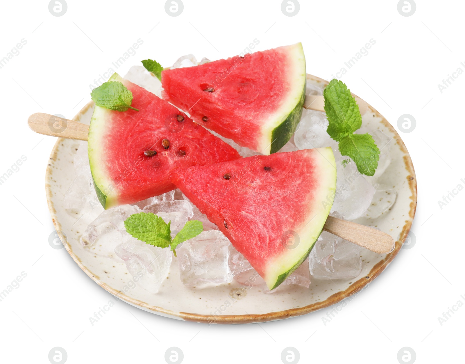 Photo of Pieces of tasty watermelon, ice cubes and mint isolated on white