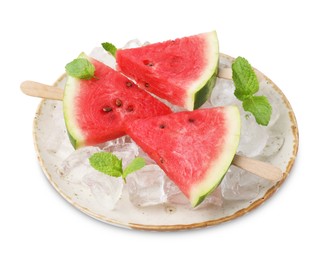 Photo of Pieces of tasty watermelon, ice cubes and mint isolated on white