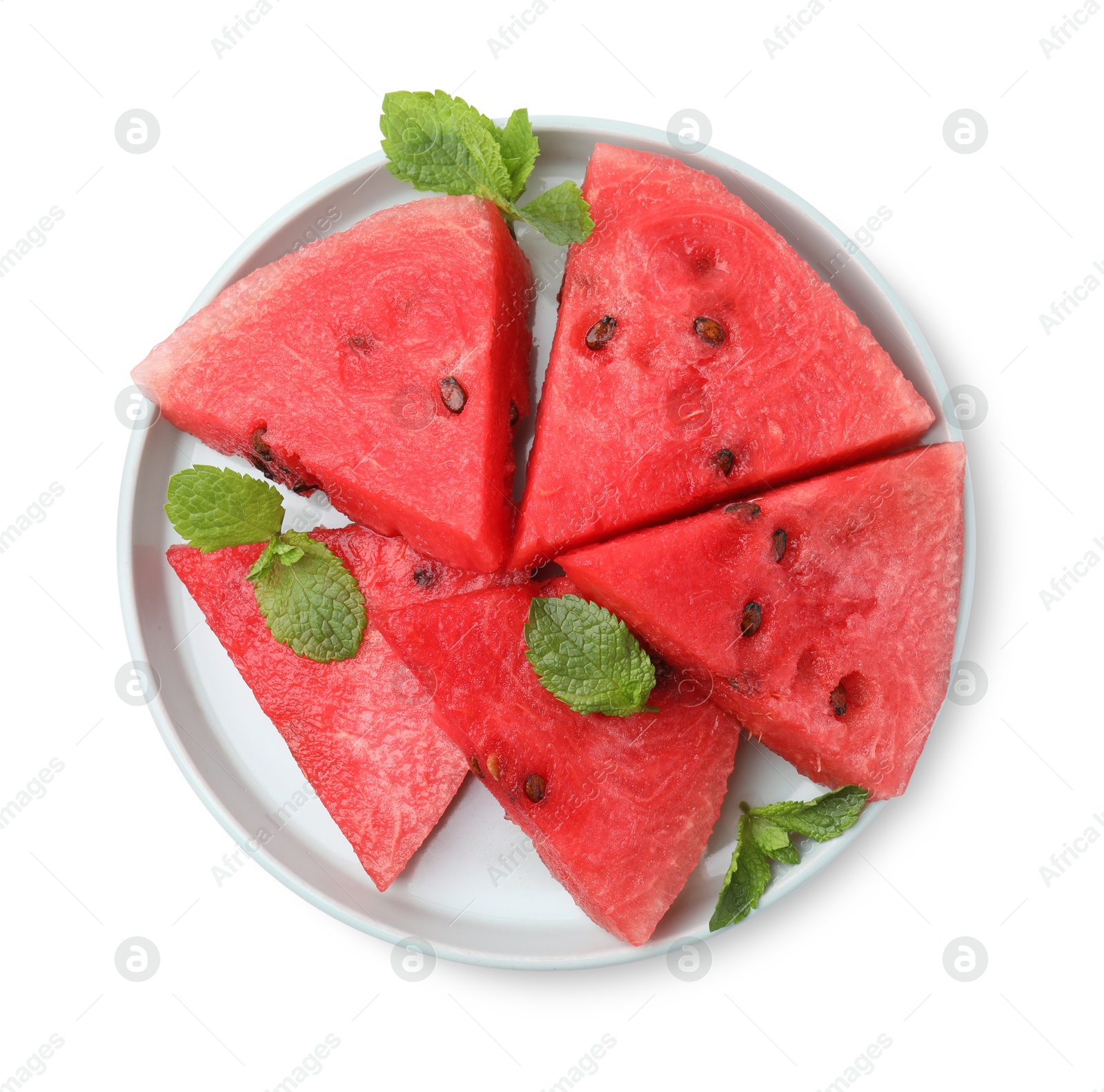 Photo of Pieces of tasty watermelon and mint isolated on white, top view