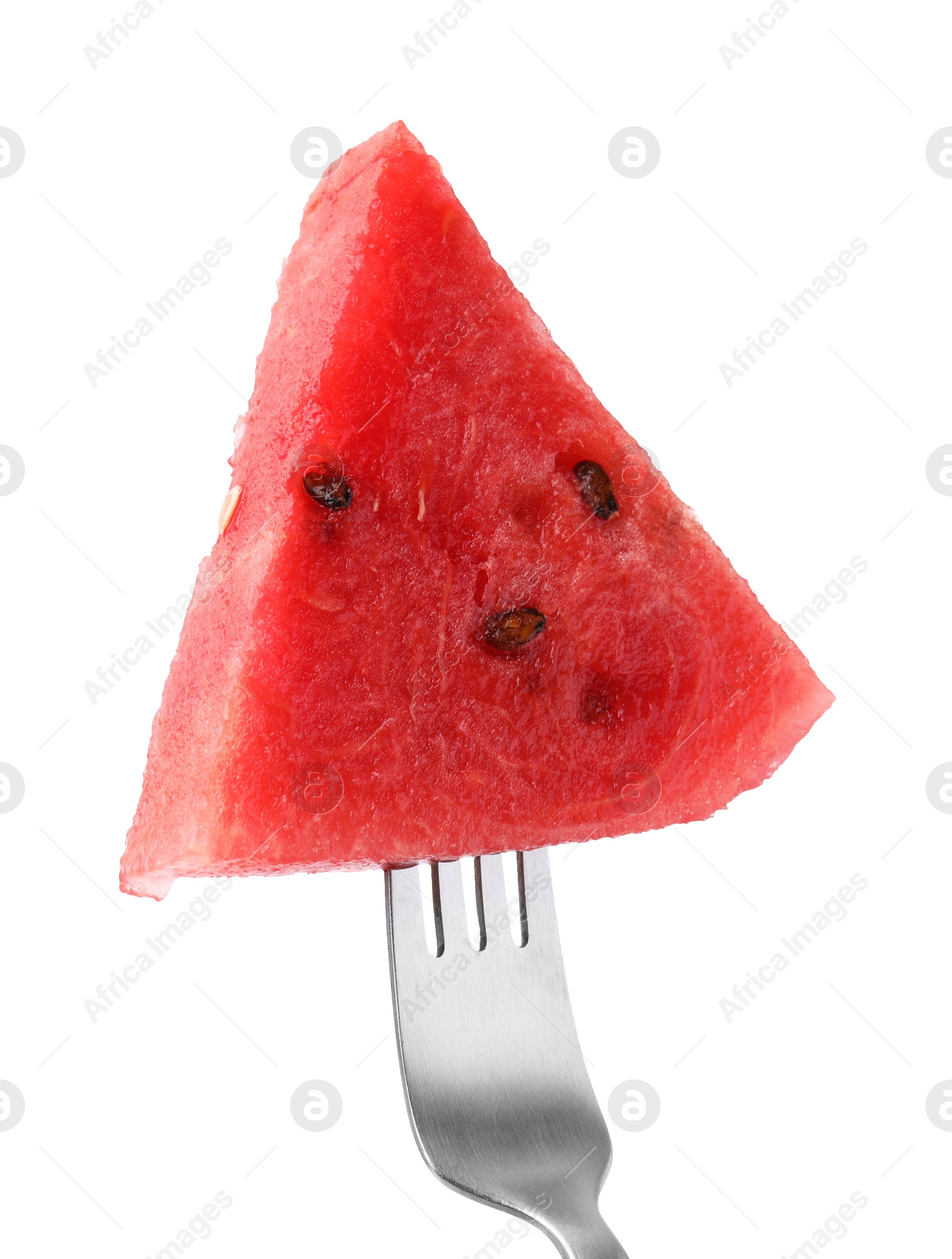 Photo of Fork with piece of tasty watermelon isolated on white