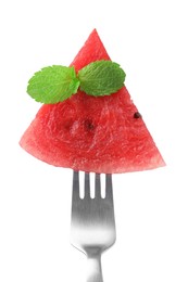 Photo of Fork with piece of tasty watermelon and mint isolated on white