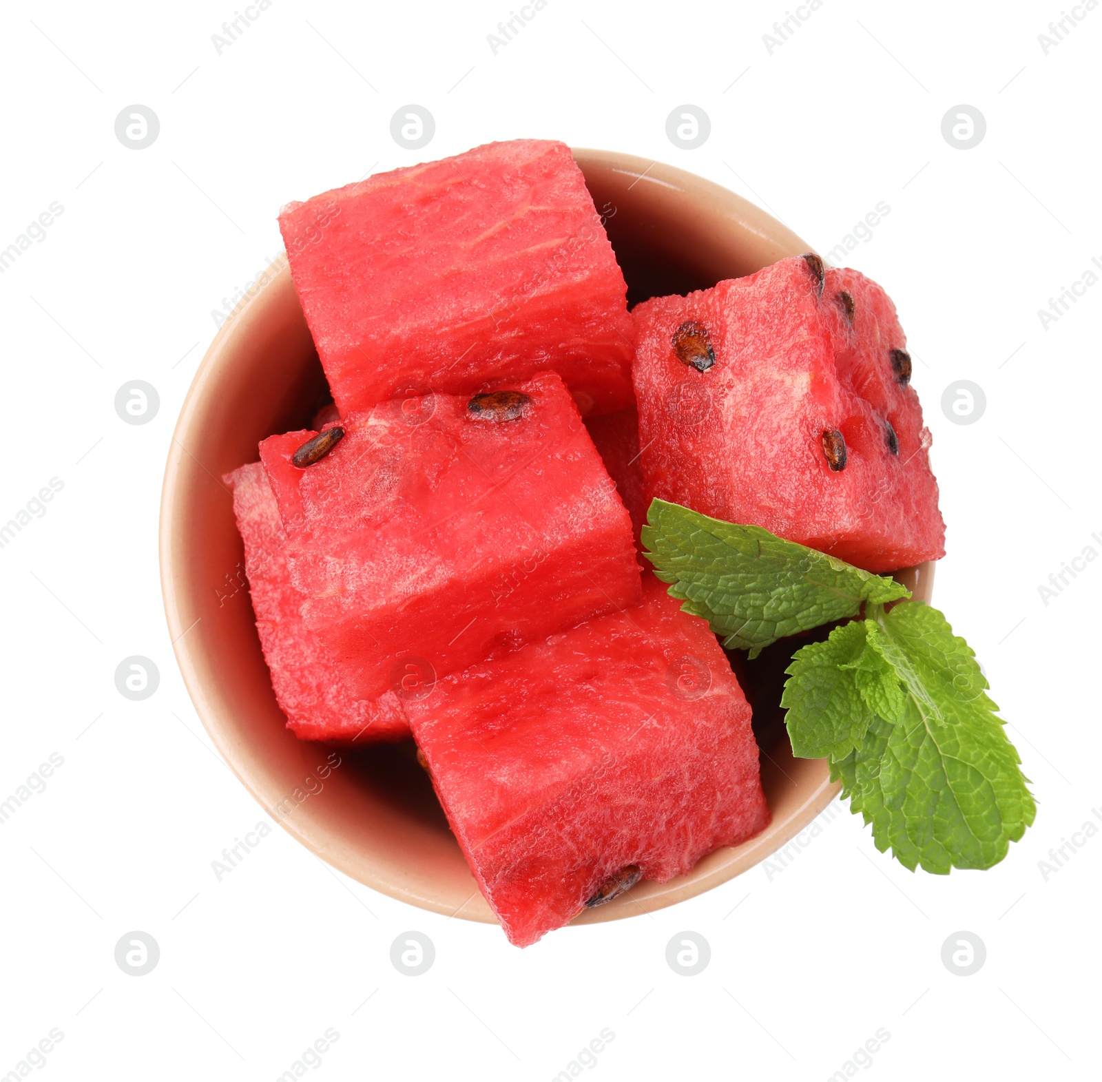 Photo of Pieces of tasty watermelon and mint in bowl isolated on white, top view