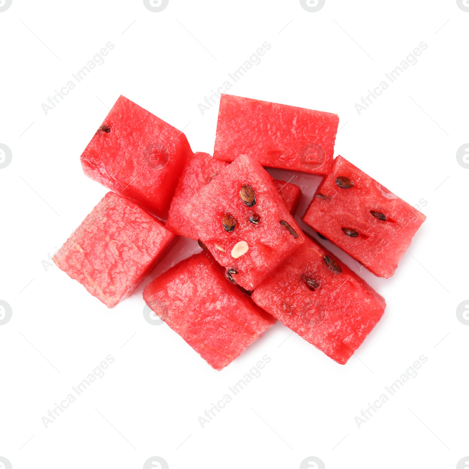 Photo of Pieces of tasty watermelon isolated on white, top view