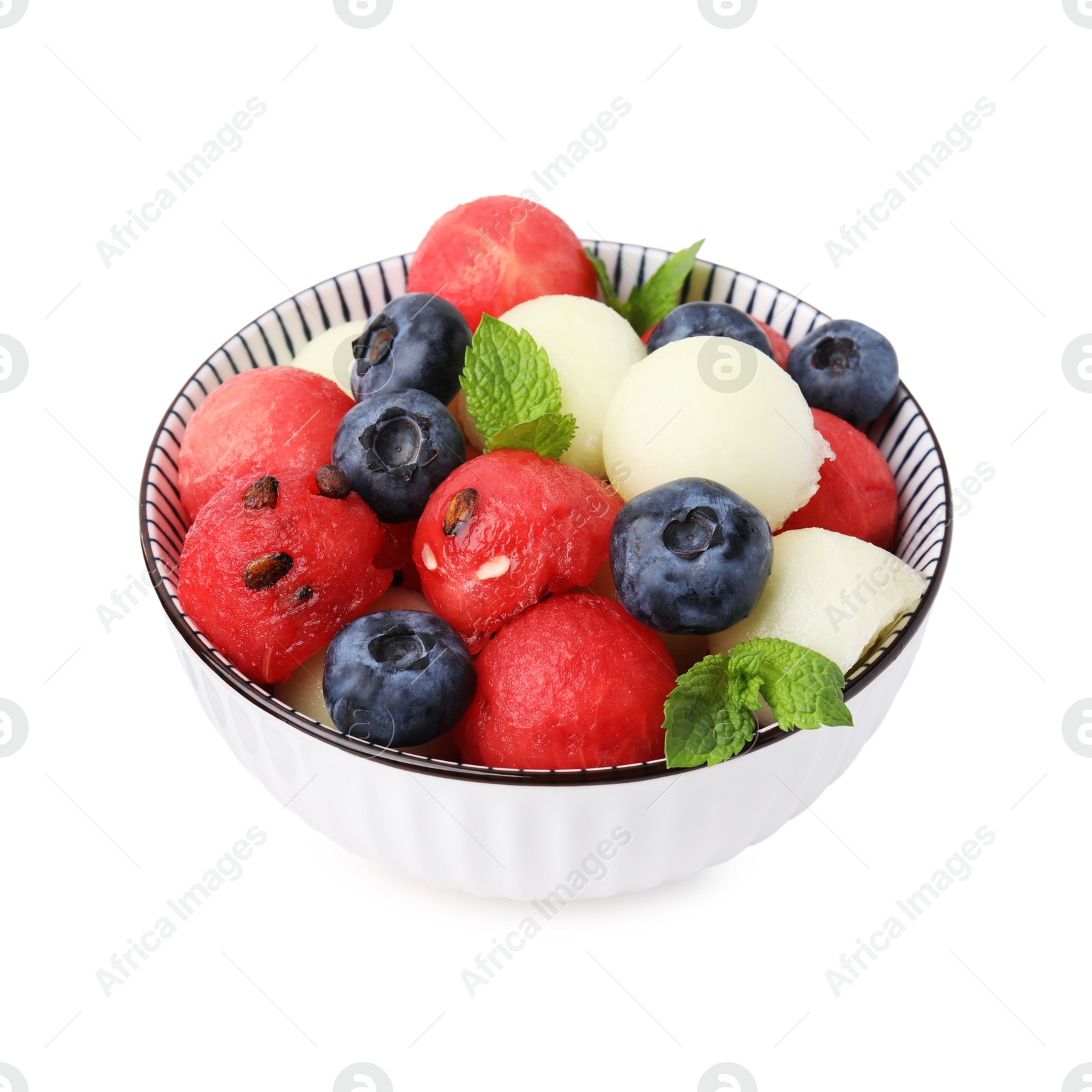 Photo of Tasty watermelon and melon balls with blueberries in bowl isolated on white