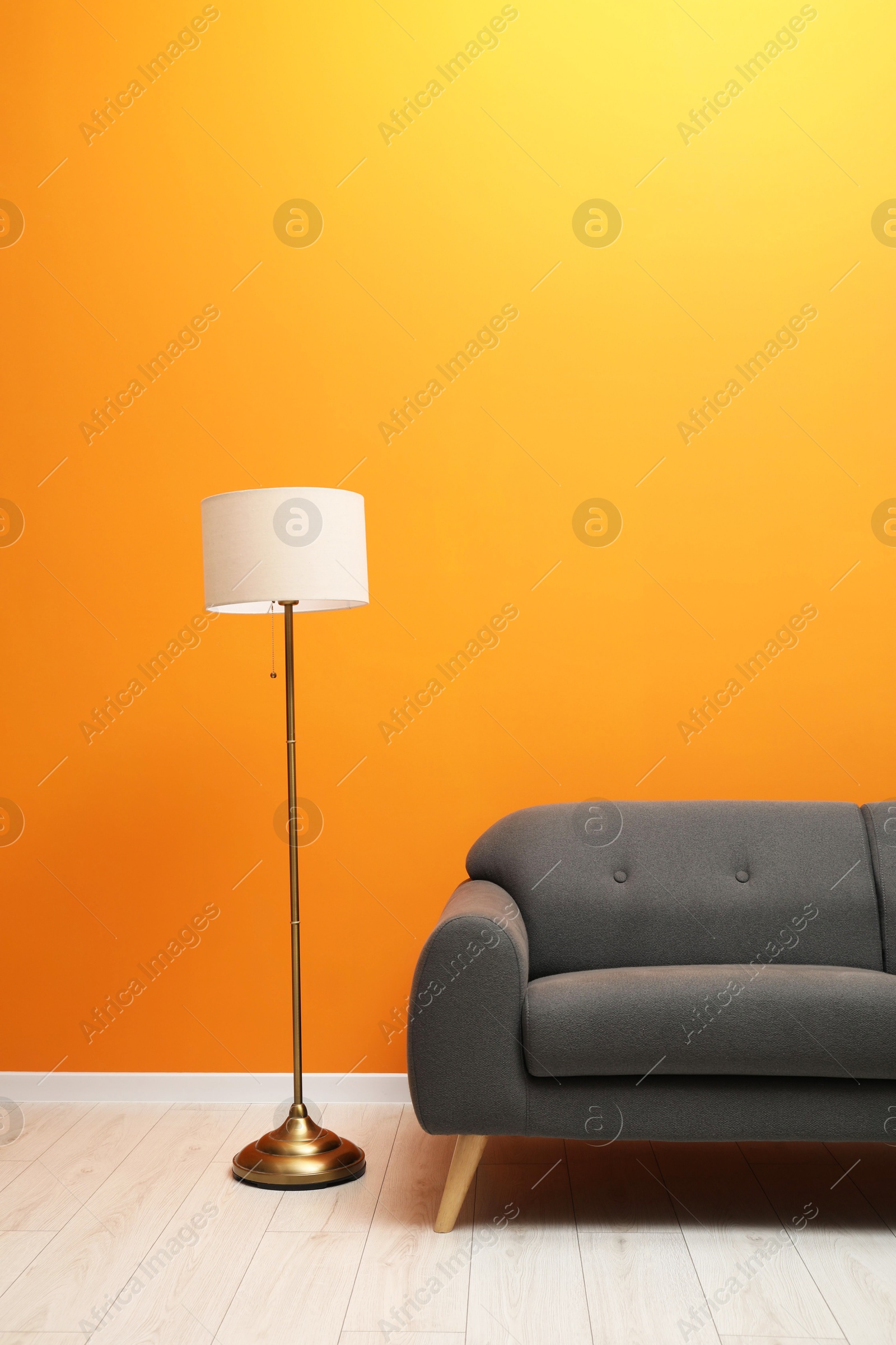 Photo of Stylish sofa and floor lamp in room. Interior design