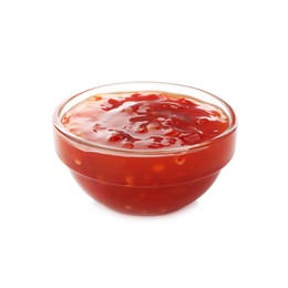 Photo of Hot chili sauce in bowl isolated on white