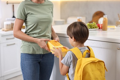 Photo of Mother giving lunch box to her son in kitchen, closeup