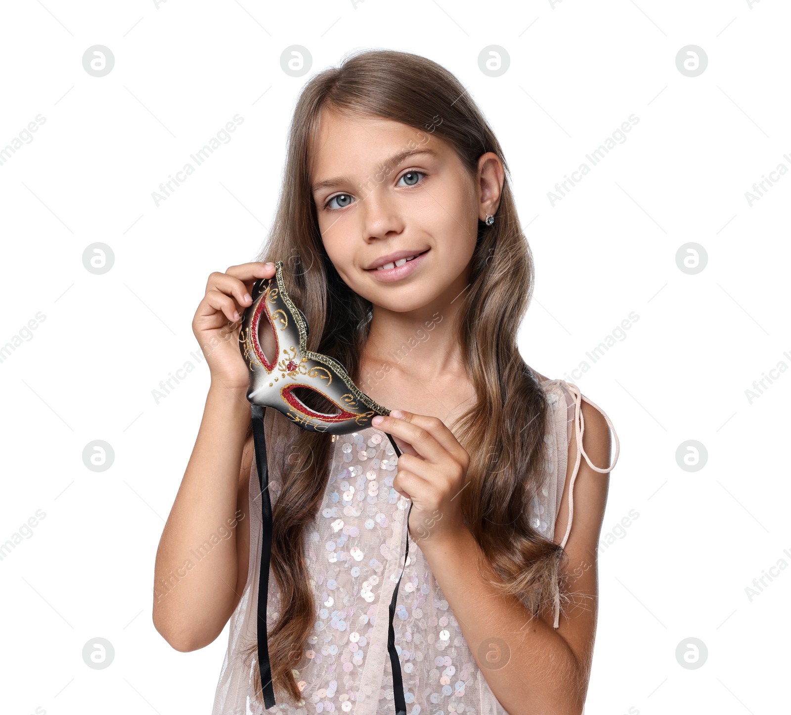 Photo of Cute girl with carnival mask on white background