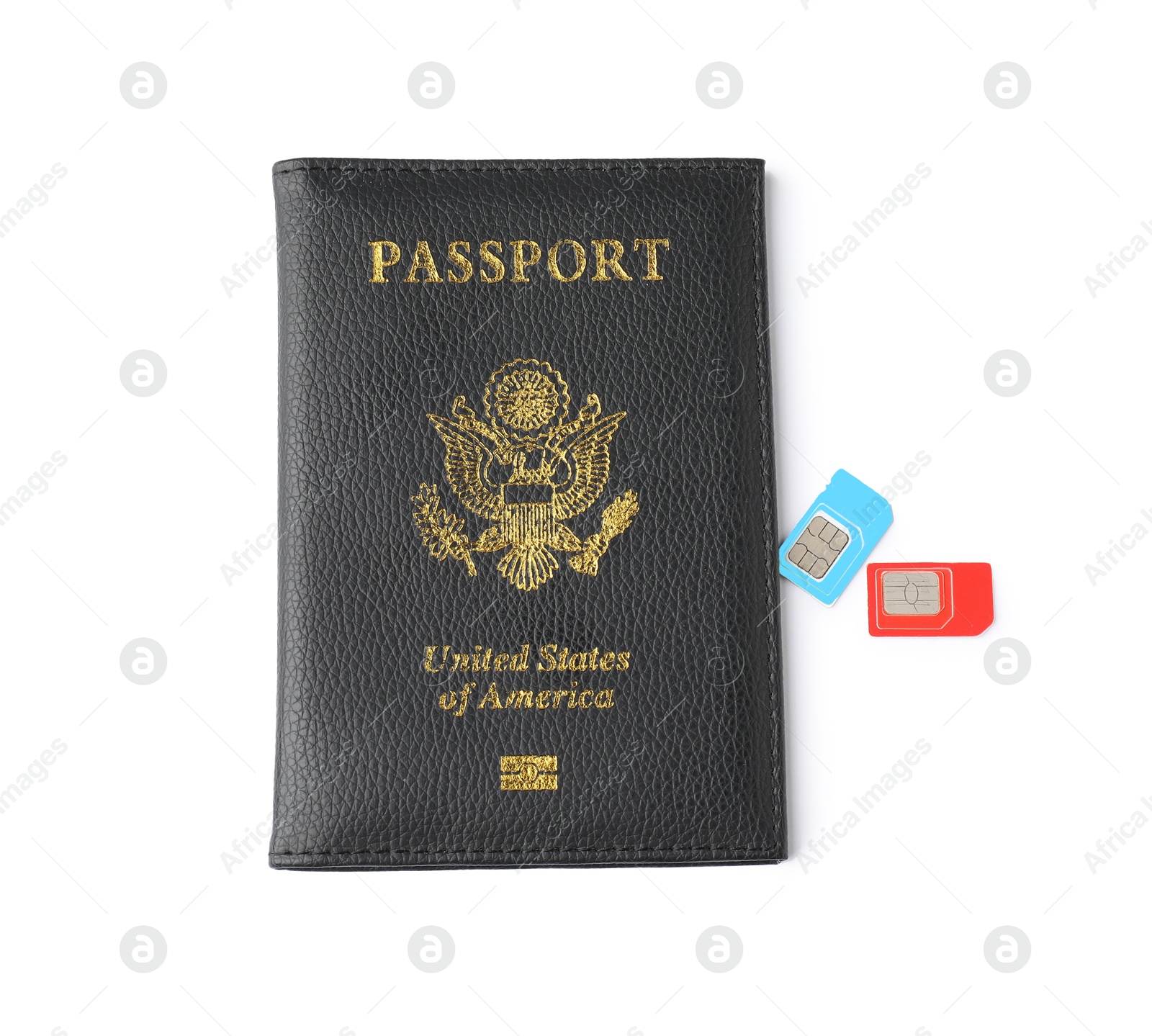 Photo of Passport and SIM cards isolated on white, top view