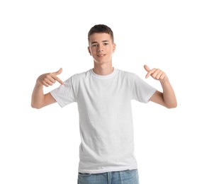 Photo of Teenage boy wearing t-shirt on white background