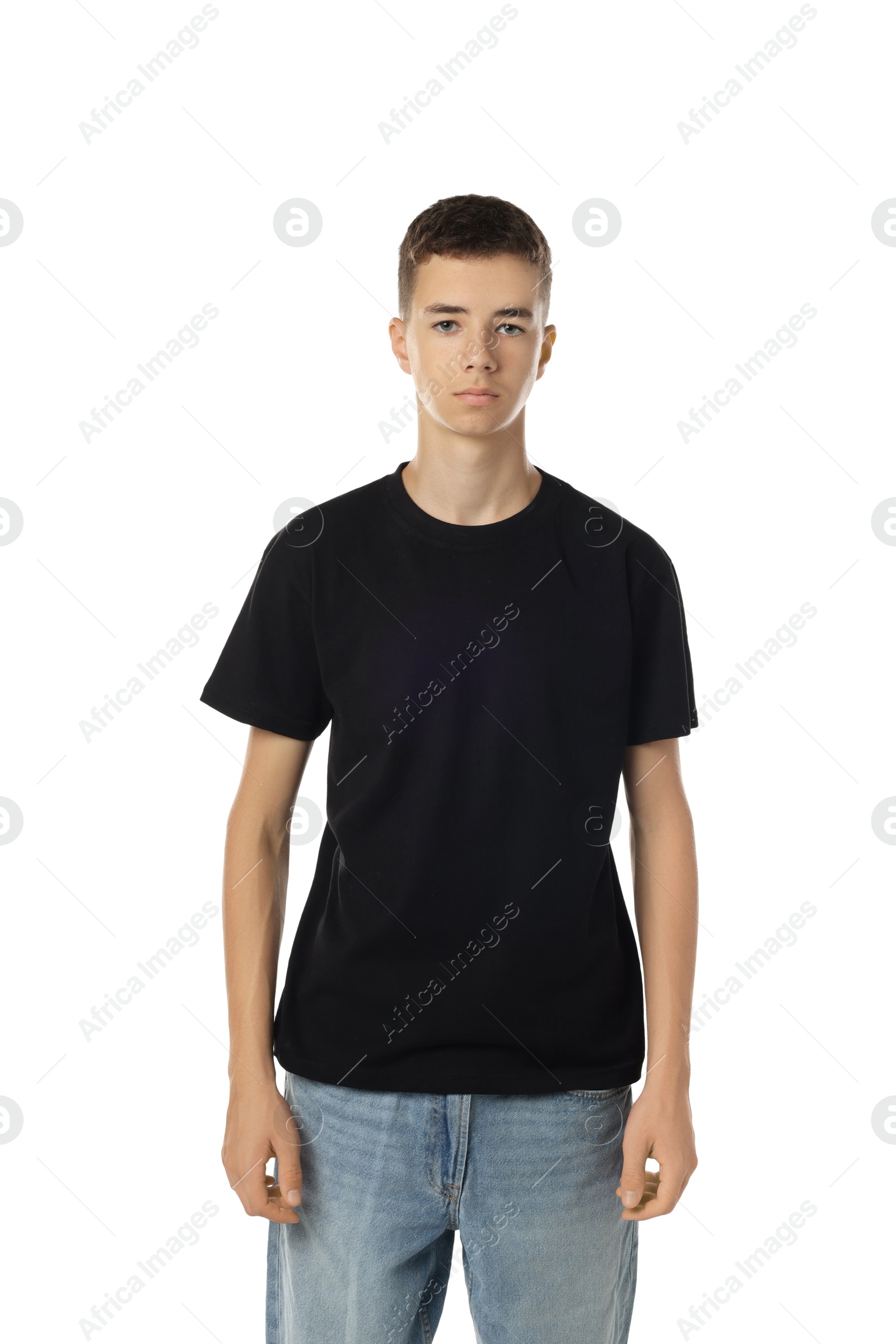 Photo of Teenage boy wearing black t-shirt on white background