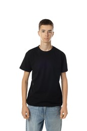 Photo of Teenage boy wearing black t-shirt on white background