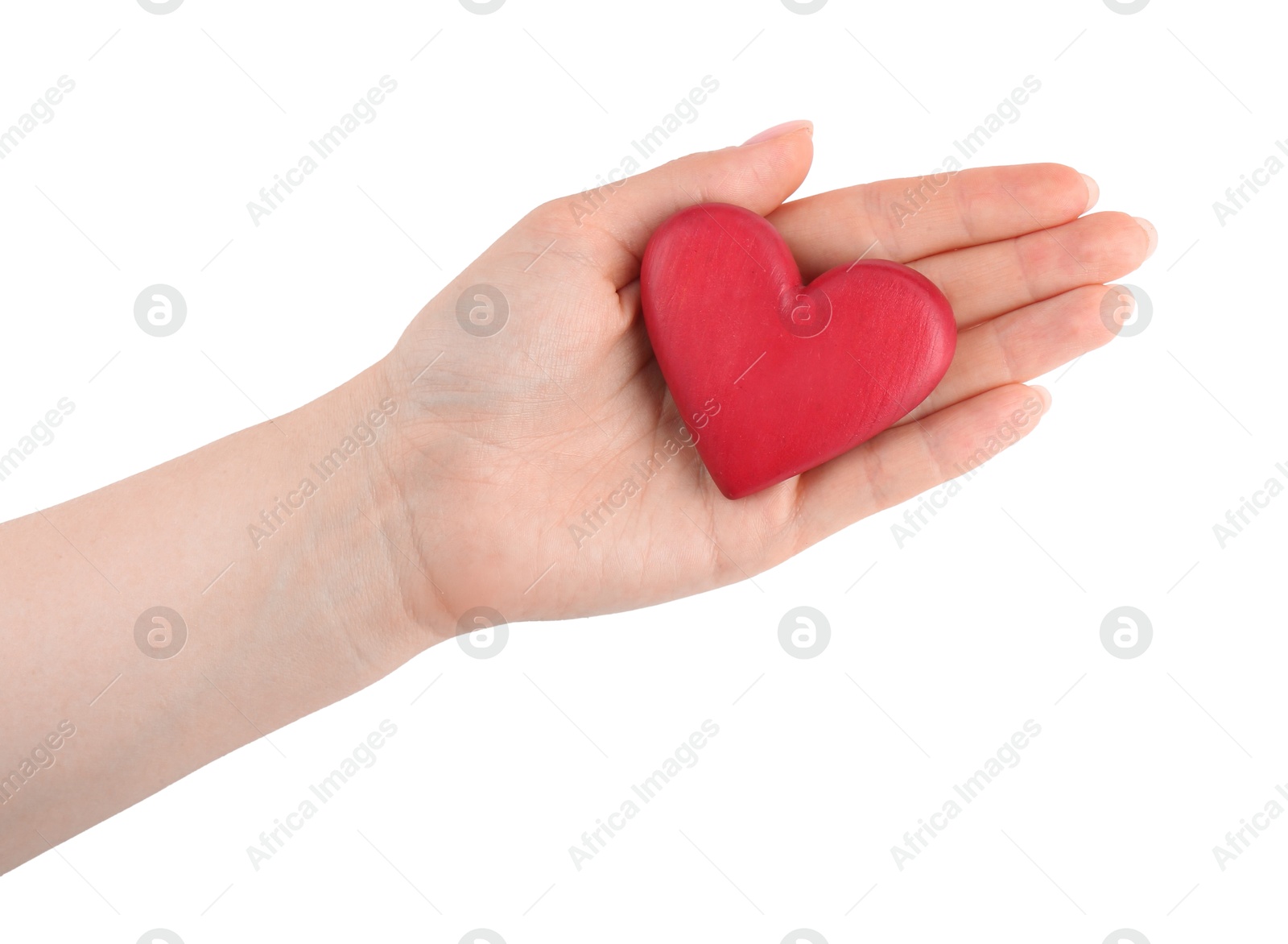 Photo of Woman with red decorative heart on white background, top view