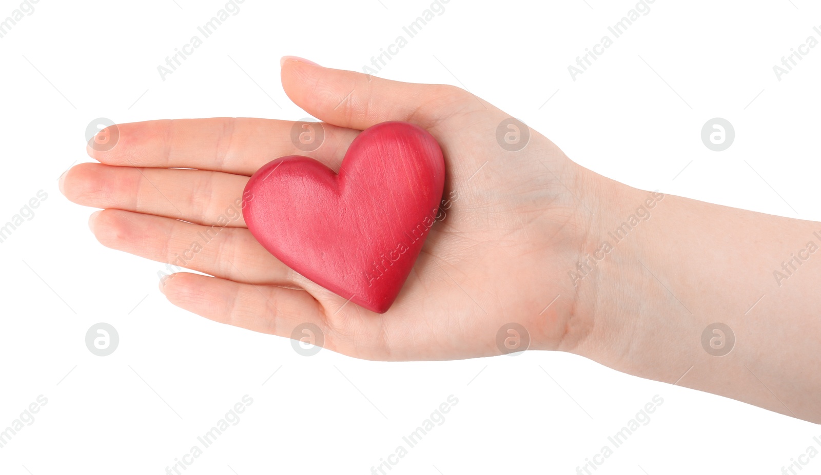 Photo of Woman with red decorative heart on white background, top view