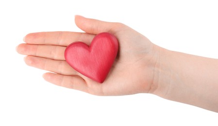 Photo of Woman with red decorative heart on white background, top view