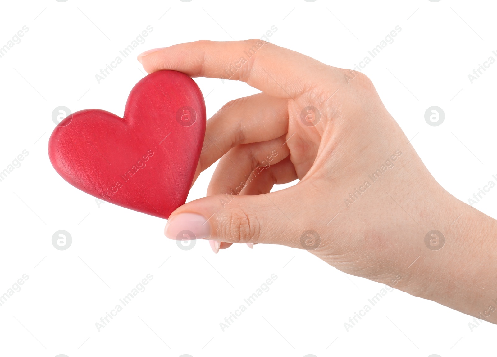 Photo of Woman with red decorative heart on white background, above view