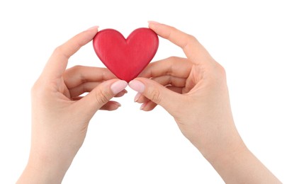 Photo of Woman with red decorative heart on white background, above view