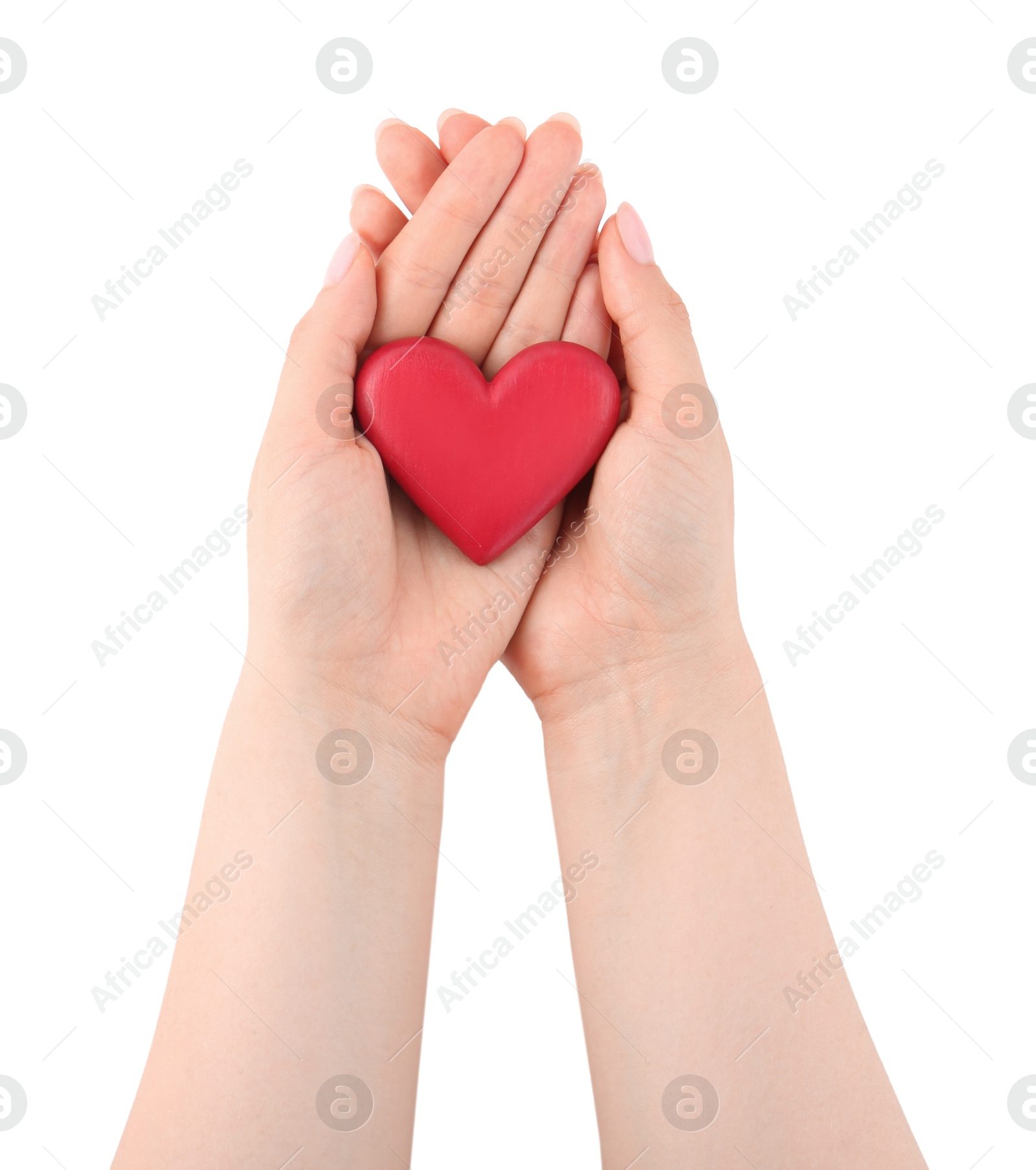 Photo of Woman with red decorative heart on white background, top view