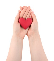 Photo of Woman with red decorative heart on white background, top view