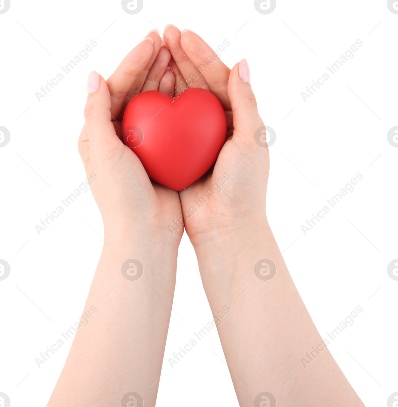 Photo of Woman with red decorative heart on white background, top view