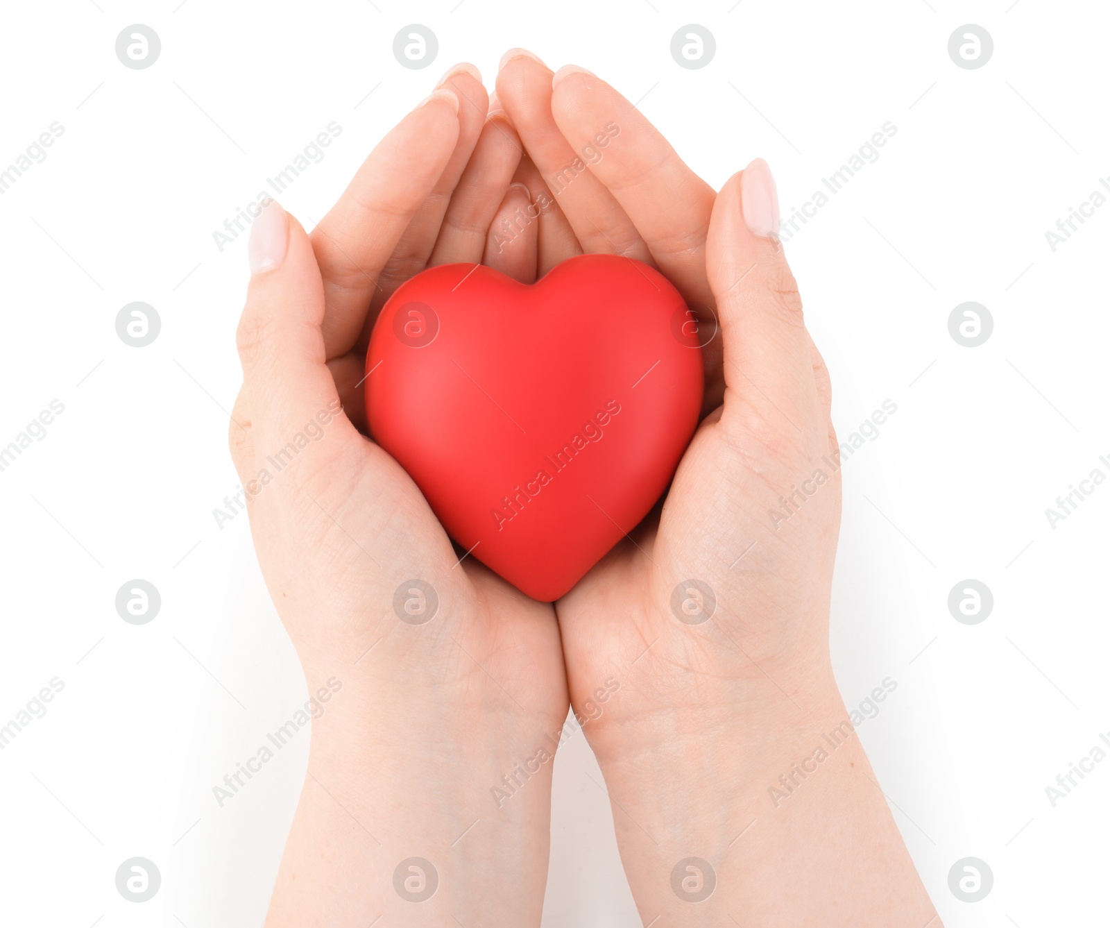 Photo of Woman with red decorative heart on white background, top view