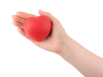 Photo of Woman with red decorative heart on white background, top view