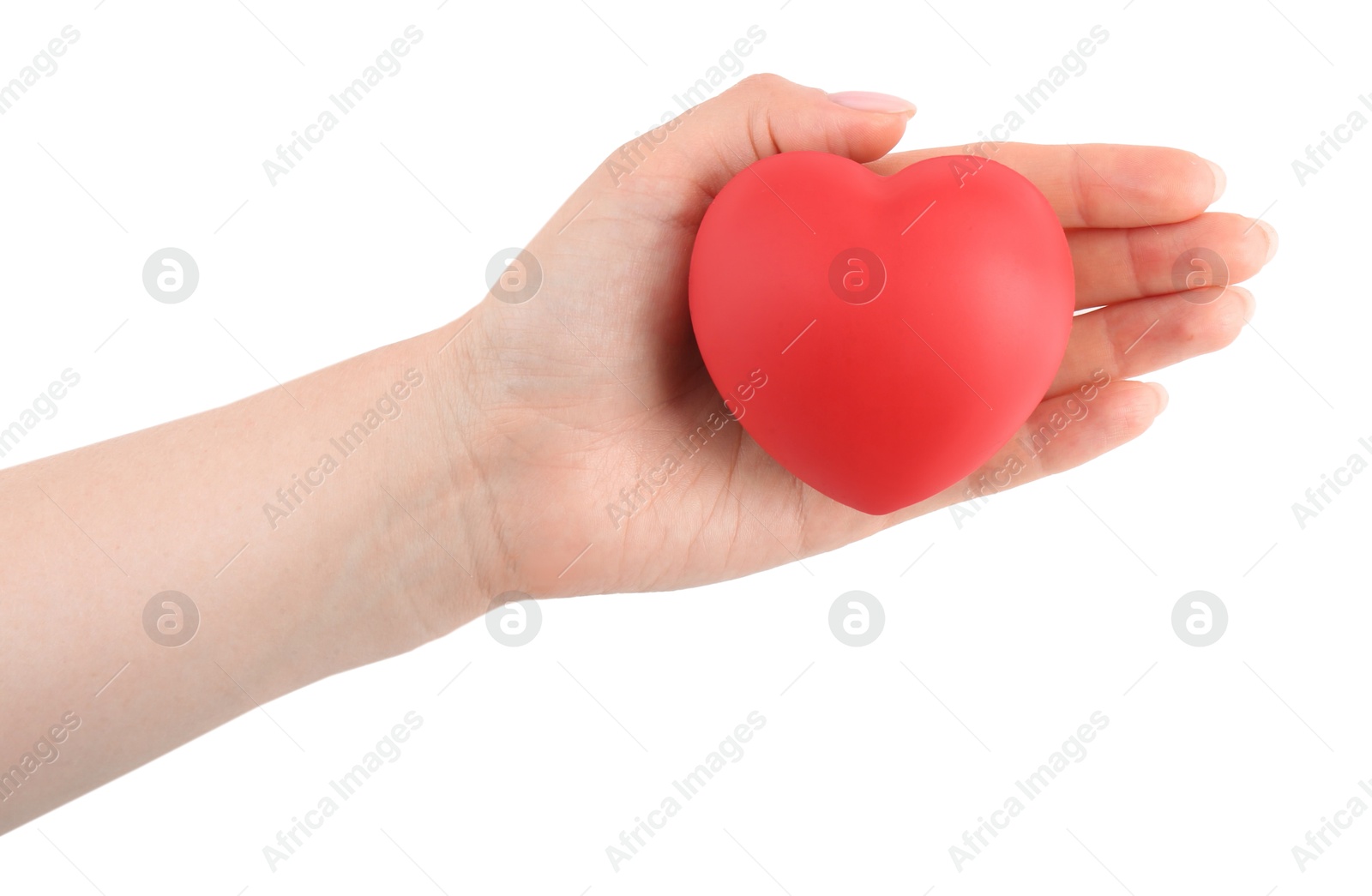 Photo of Woman with red decorative heart on white background, top view