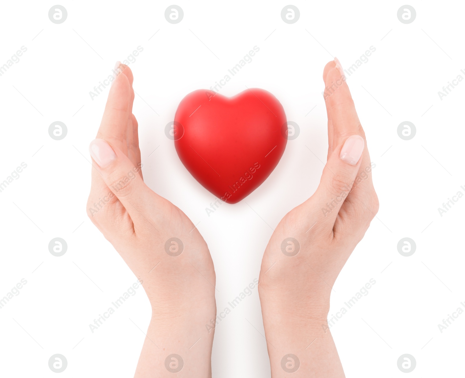 Photo of Woman with red decorative heart on white background, top view