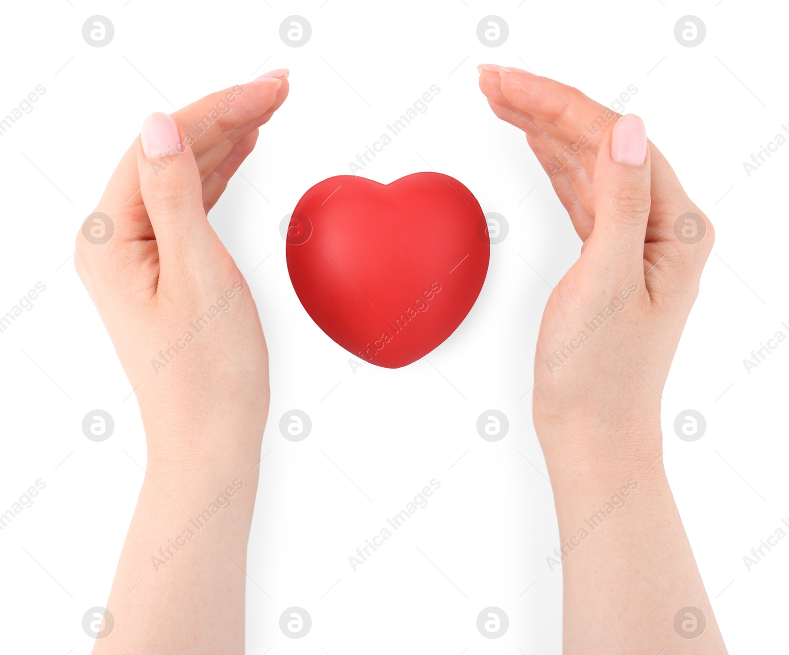 Photo of Woman with red decorative heart on white background, top view