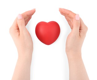 Photo of Woman with red decorative heart on white background, top view