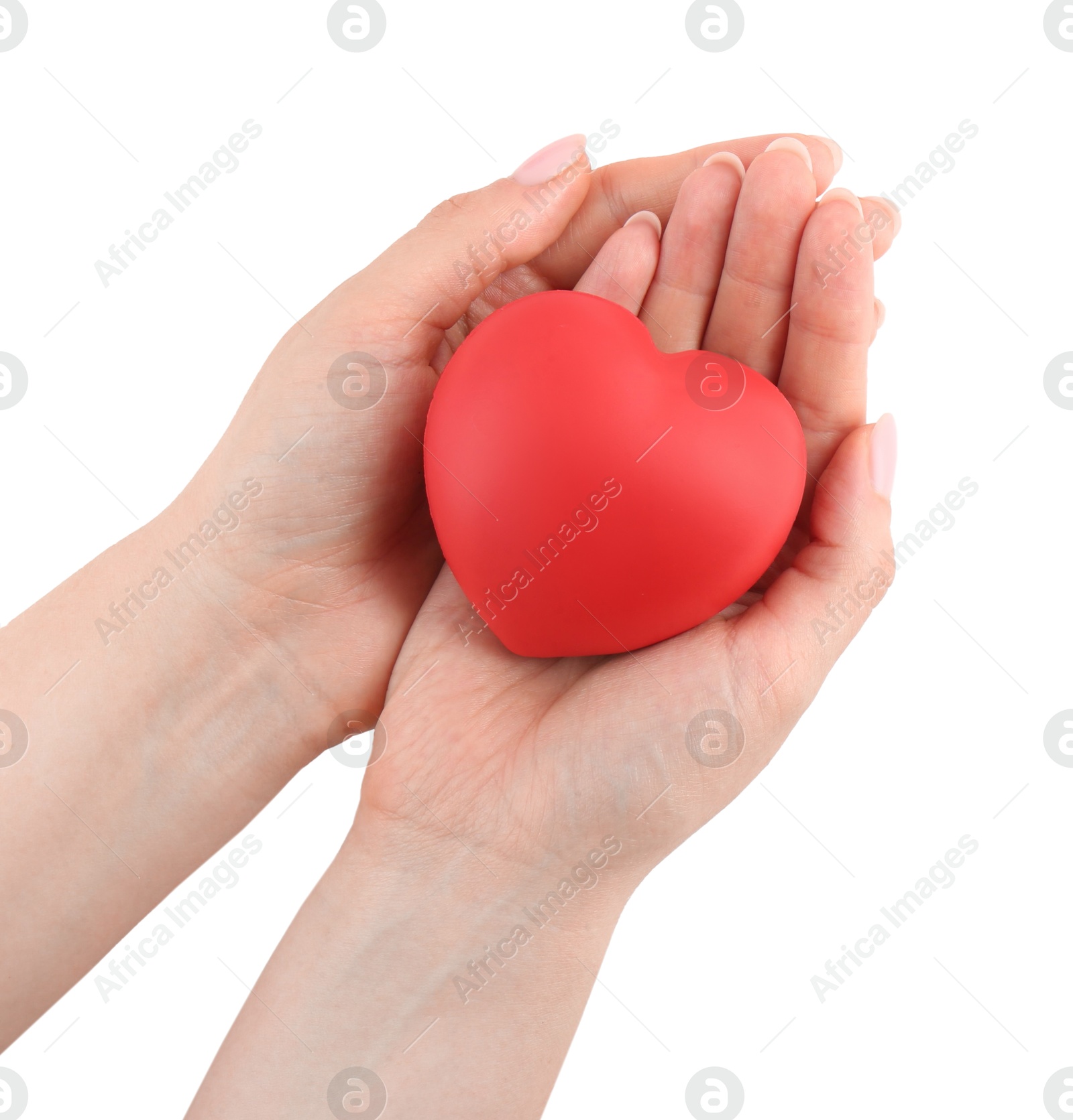 Photo of Woman with red decorative heart on white background, top view