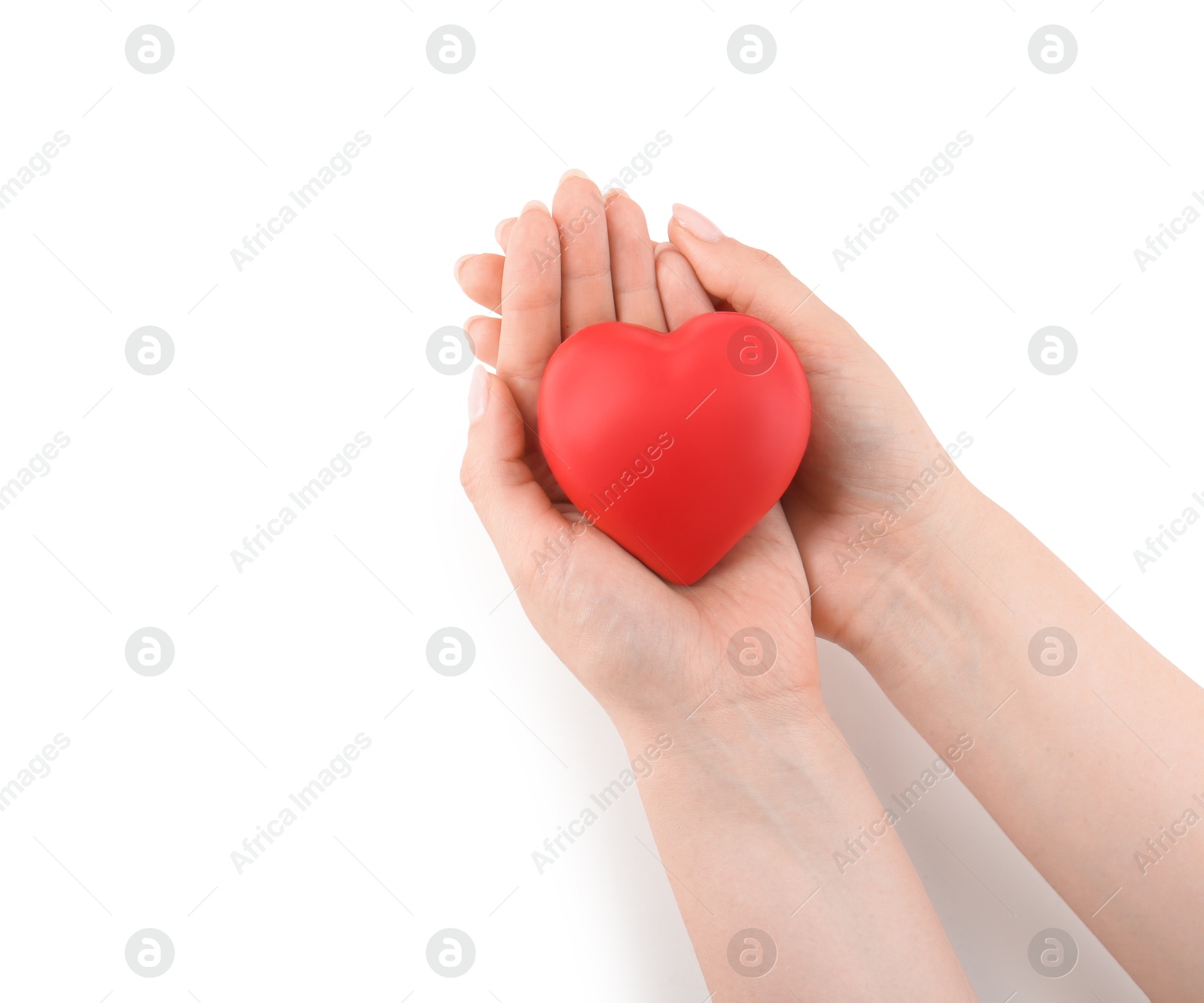 Photo of Woman with red decorative heart on white background, top view