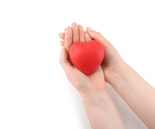 Photo of Woman with red decorative heart on white background, top view