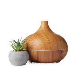 Photo of Aroma oil diffuser and plant isolated on white