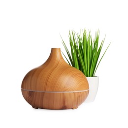 Photo of Aroma oil diffuser and plant isolated on white