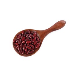 Photo of Dried red beans in spoon isolated on white, top view