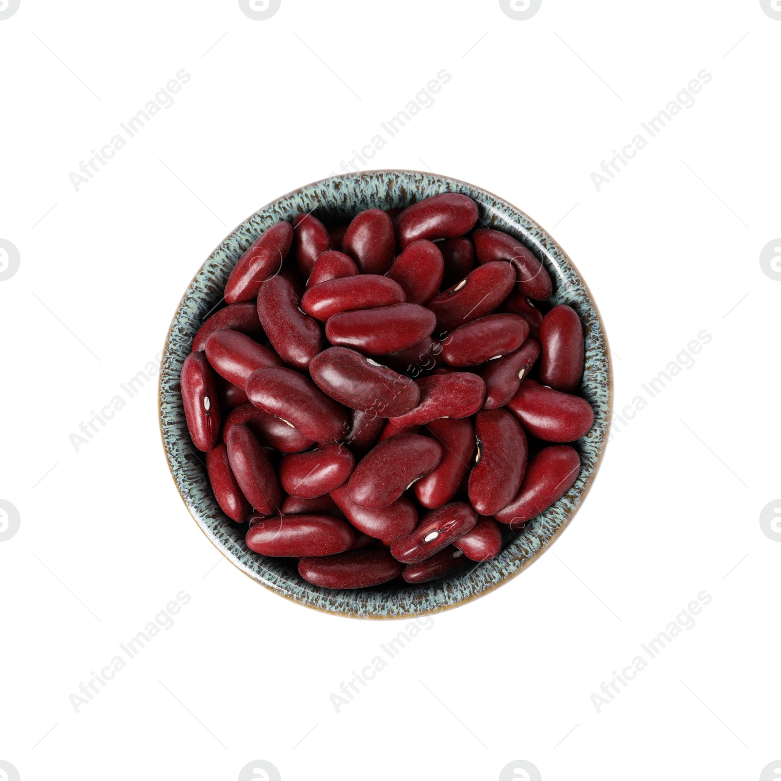 Photo of Dried red beans in bowl isolated on white, top view