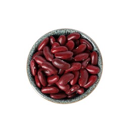 Photo of Dried red beans in bowl isolated on white, top view